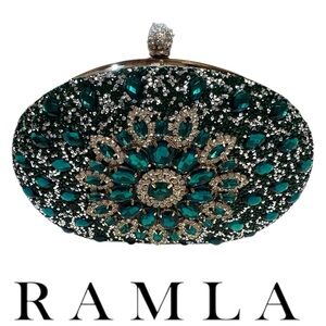 New In Box Ramla Emerald Green Beaded & Crystal Clutch